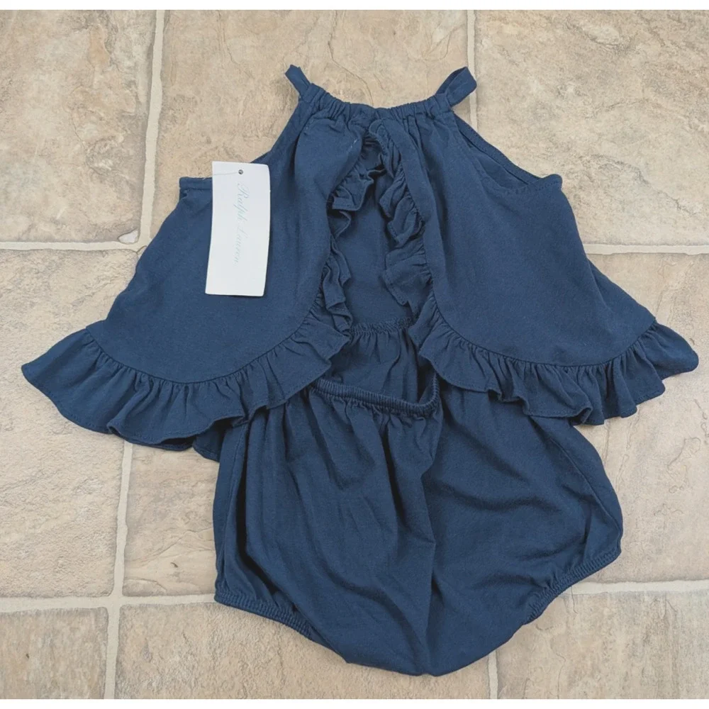 New Ralph Lauren baby girls sz 6M 1pc Summer Romper knit navy blue stretch 0899
